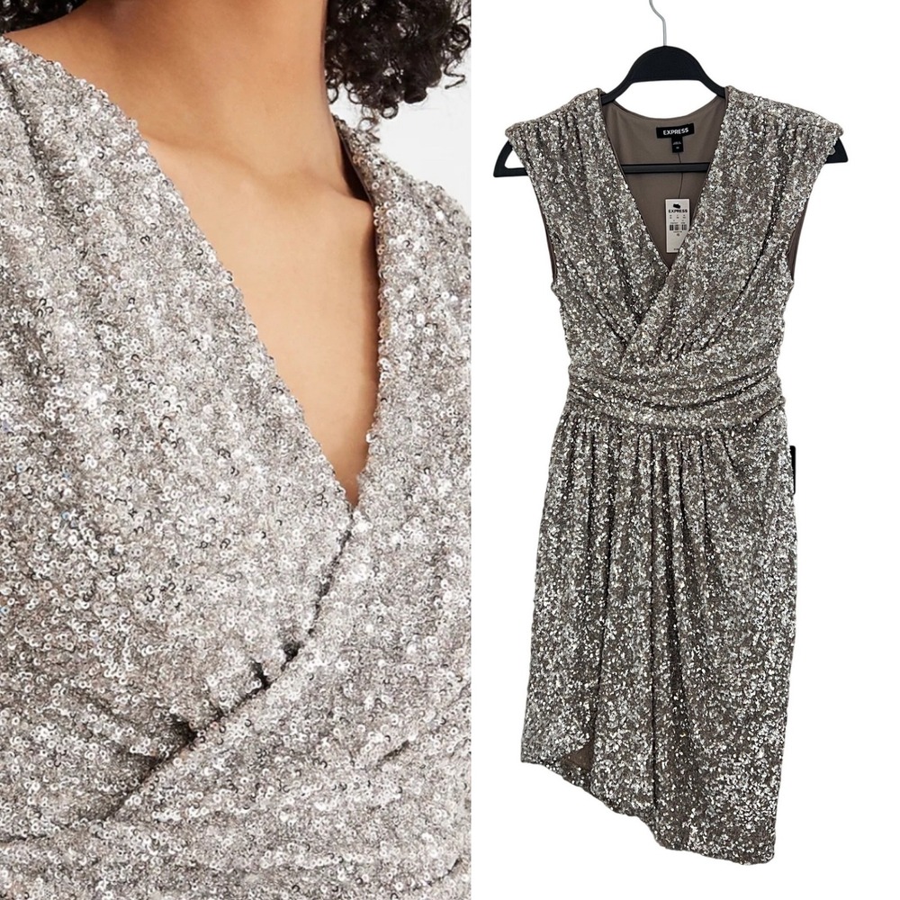 NWT New EXPRESS XS Sequin‎ Dress Sleeveless V Neck Ruched Cocktail Party Mini